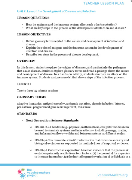 Development of Disease and Infection Lesson Plan