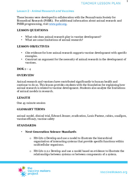Animal Research and Vaccines Lesson Plan