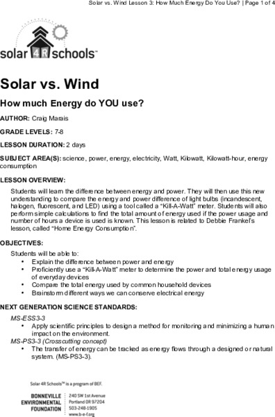 How Much Energy Do YOU Use? Lesson Plan
