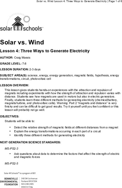 Three Ways to Generate Electricity Lesson Plan