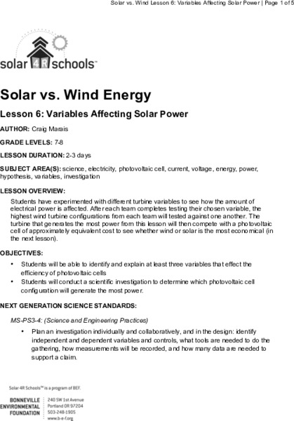 Variables Affecting Solar Power Lesson Plan