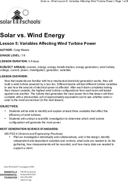Variables Affecting Wind Turbine Power Lesson Plan
