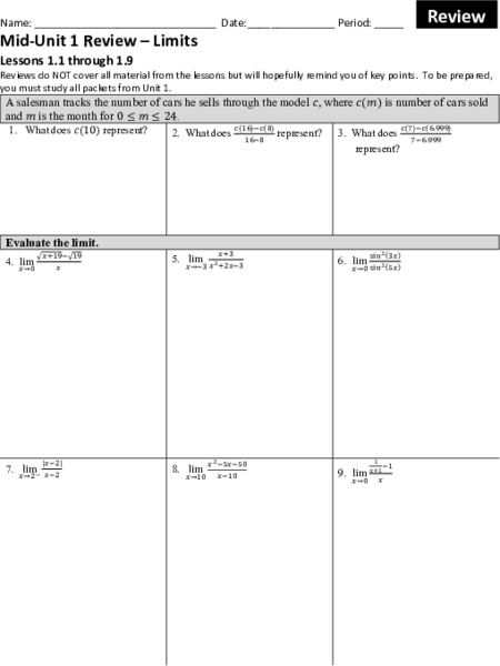 Calculus AB/BC Mid-Unit 1 Review: Limits AP Test Prep