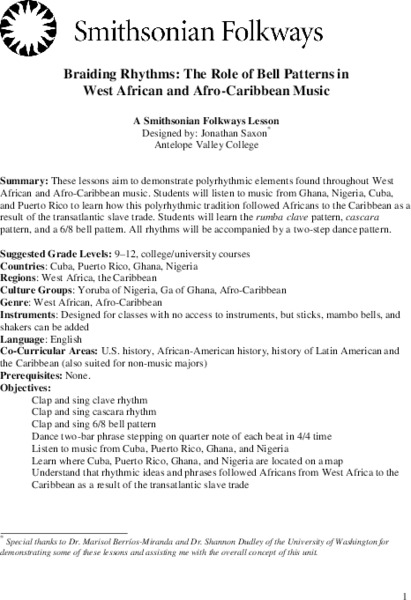 Braiding Rhythms: The Role of Bell Patterns in West African and Afro-Caribbean Music Lesson Plan