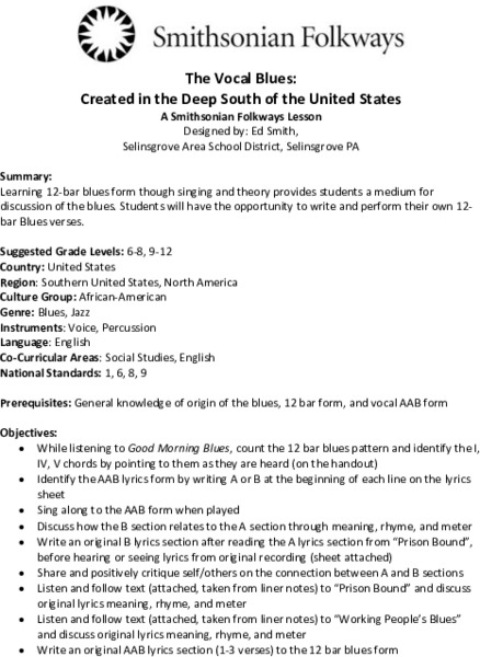 The Vocal Blues: Created in the Deep South of the U.S. Lesson Plan