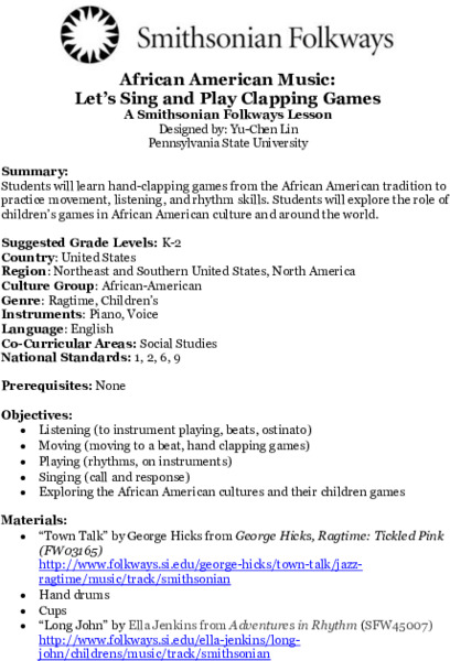 African American Music: Let’s Sing and Play Clapping Games Lesson Plan