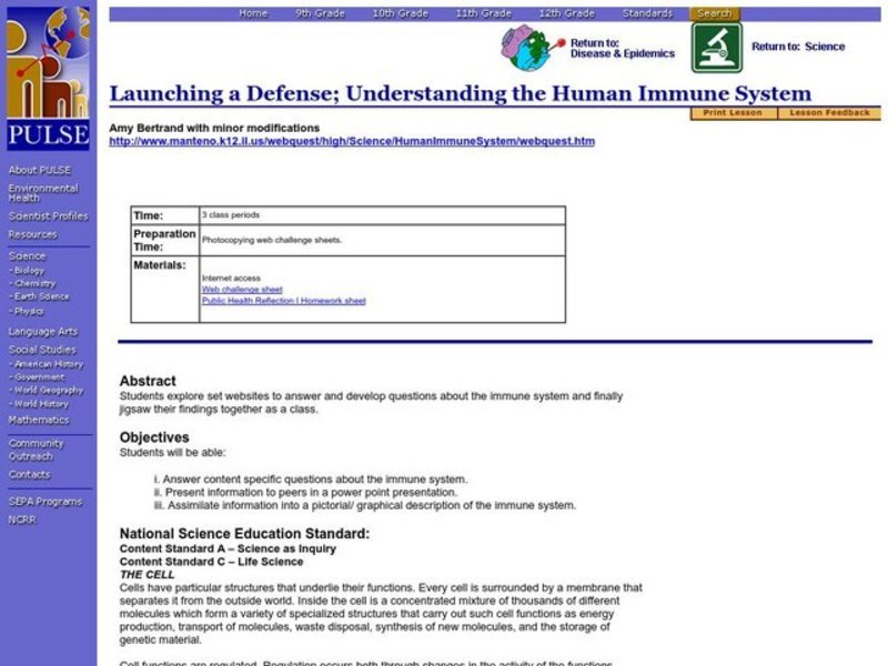 Launching a Defense; Understanding the Human Immune System Lesson Plan