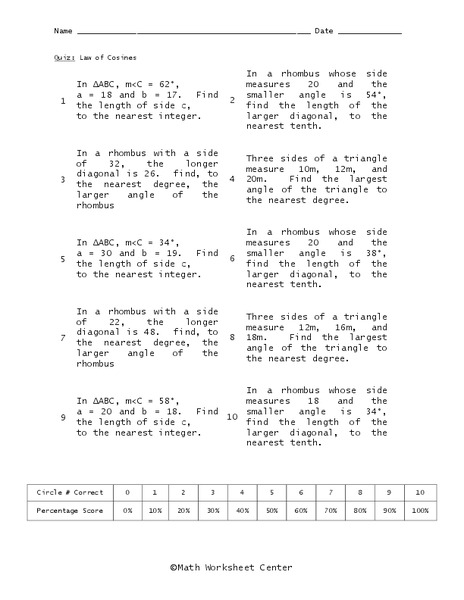 Law of Cosines Worksheet