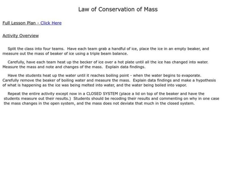 Law of Conservation of Mass Lesson Plan