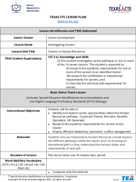 Investigating Careers in Human Resources Lesson Plan