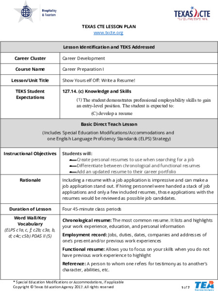 Show Yourself Off - Write a Résumé! Lesson Plan