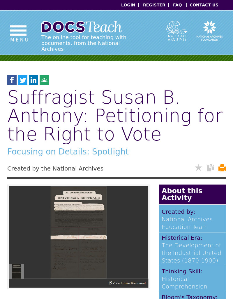 Suffragist Susan B. Anthony: Petitioning for the Right to Vote Interactive