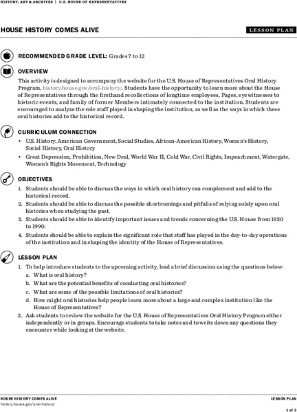 House History Comes Alive Lesson Plan