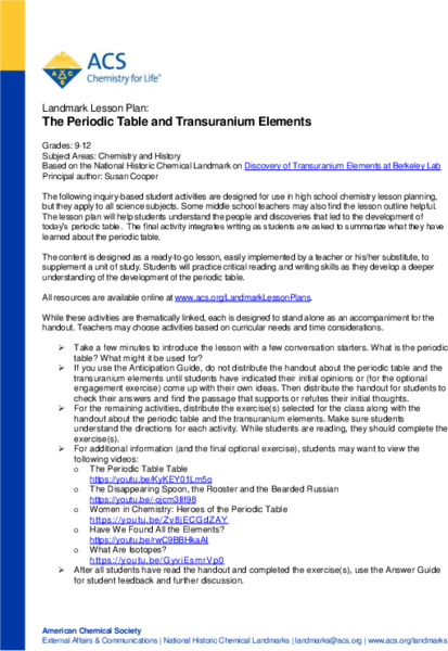 The Periodic Table and Transuranium Elements Lesson Plan