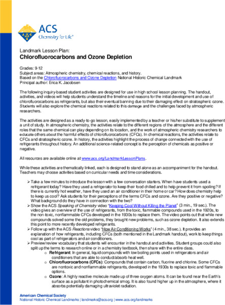 Chlorofluorocarbons and Ozone Depletion Lesson Plan