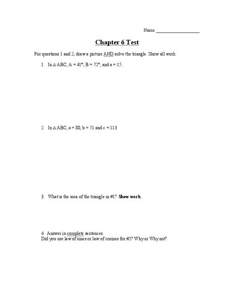 Law of Sines and Law of Cosines Worksheet