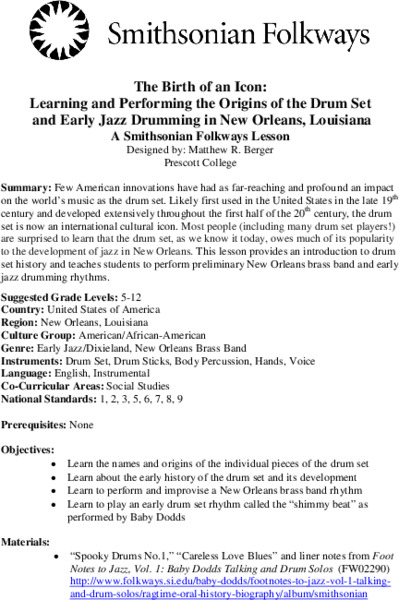 The Birth of an Icon: Learning and Performing the Origins of the Drum Set and Early Jazz Drumming in New Orleans, Louisiana Lesson Plan