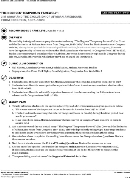 “‘The Negroes’ Temporary Farewell,” Jim Crow and the Exclusion of African Americans from Congress, 1887–1929 Lesson Plan