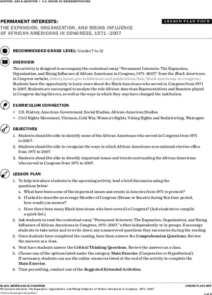 Permanent Interests: The Expansion, Organization, and Rising Influence of African Americans in Congress, 1971–2007 Lesson Plan
