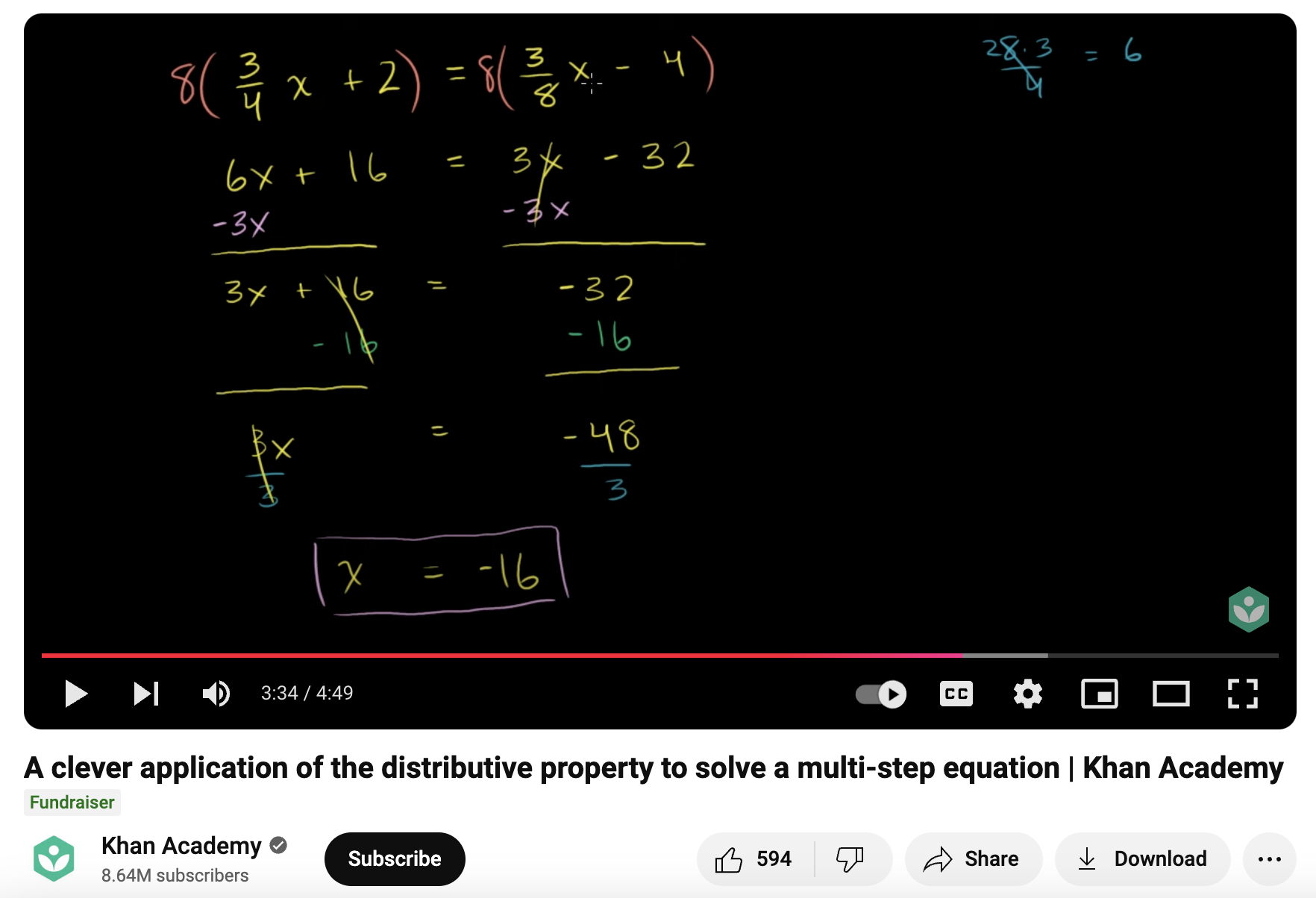 A Clever Application of the Distributive Property to Solve a Multi-Step Equation Instructional Video