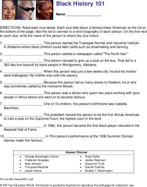 Black History 101 Worksheet