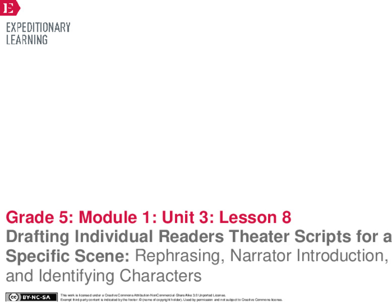 Drafting Individual Readers Theater Scripts for a Specific Scene: Rephrasing, Narrator Introduction, and Identifying Characters Lesson Plan