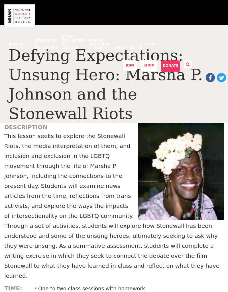 Defying Expectations: Unsung Hero: Marsha P. Johnson and the Stonewall Riots Lesson Plan