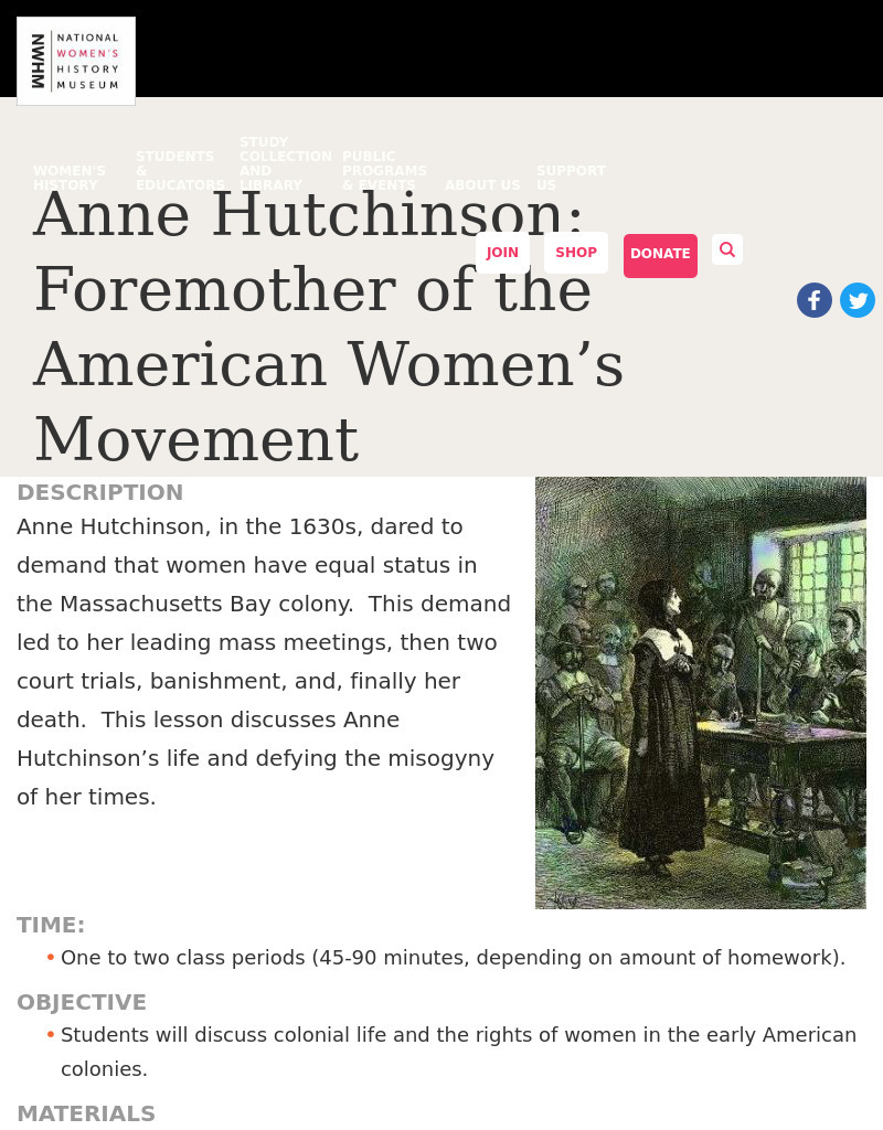 Anne Hutchinson: Foremother of the American Women’s Movement Lesson Plan
