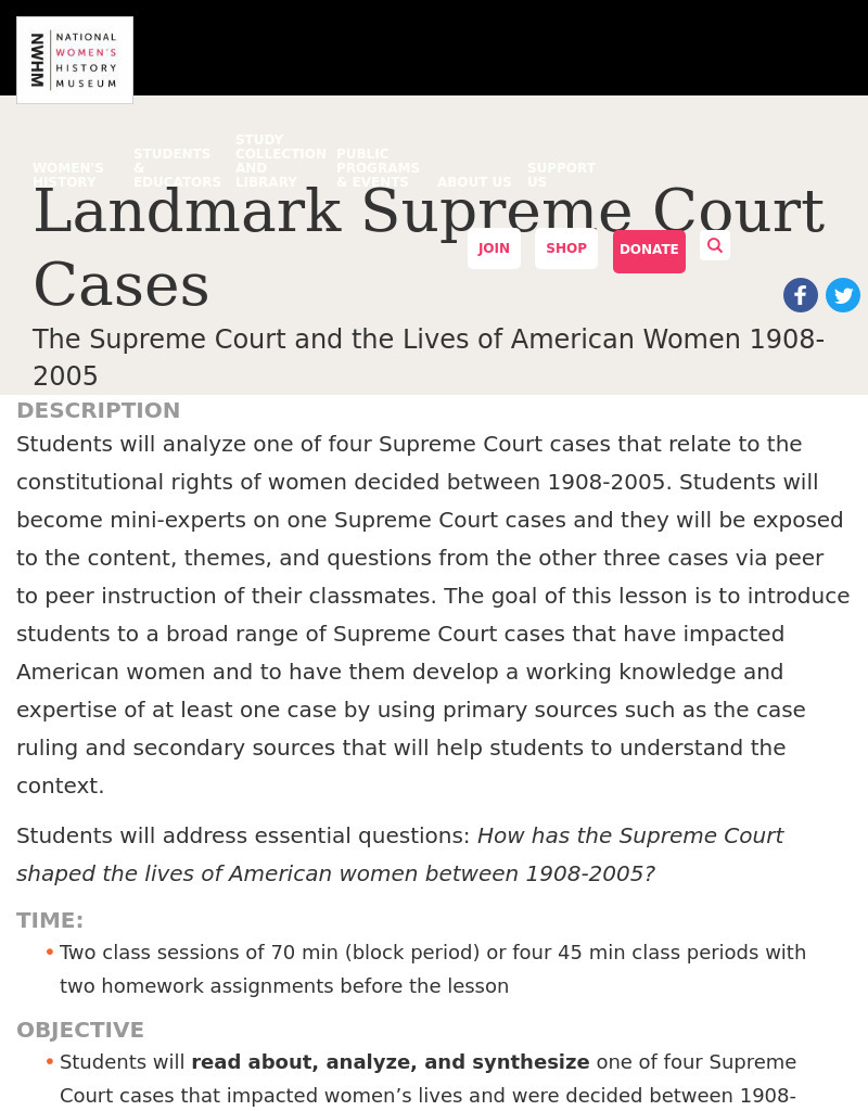 The Supreme Court and the Lives of American Women 1908-2005 Lesson Plan