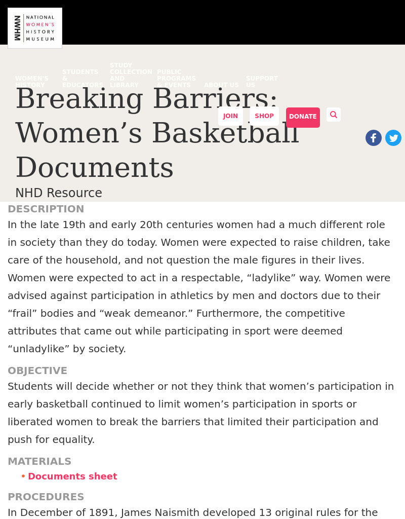Breaking Barriers: Women’s Basketball Documents Lesson Plan