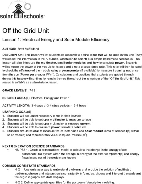 Electrical Energy and Solar Module Efficiency Lesson Plan