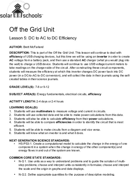 DC to AC to DC Efficiency Lesson Plan