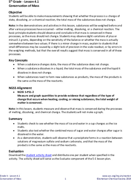 Conservation of Mass Lesson Plan