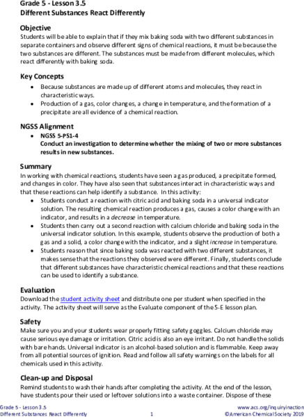 Different Substances React Differently Lesson Plan