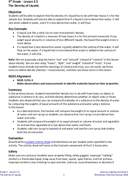 The Density of Liquids Lesson Plan