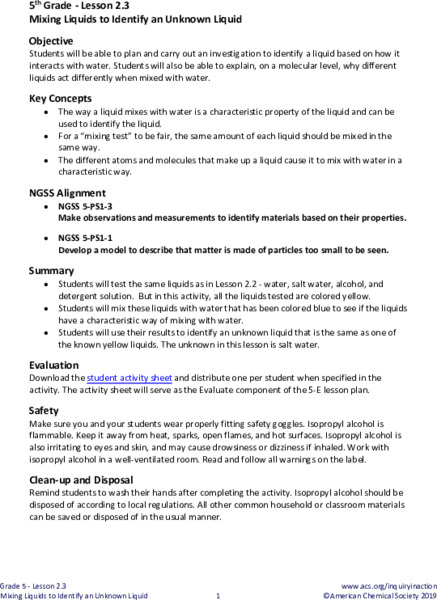 Mixing Liquids to Identify an Unknown Liquid Lesson Plan