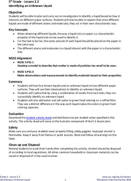 Identifying an Unknown Liquid Lesson Plan