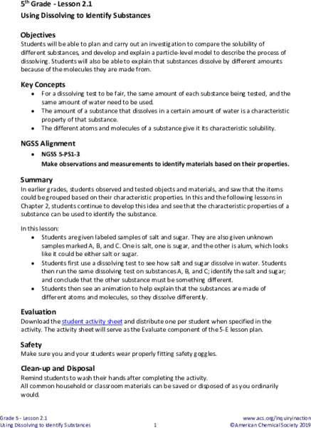 Using Dissolving to Identify Substances Lesson Plan