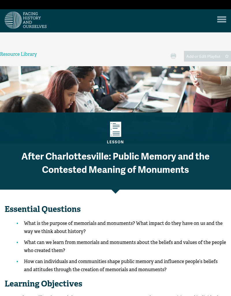 After Charlottesville: Public Memory and the Contested Meaning of Monuments Lesson Plan