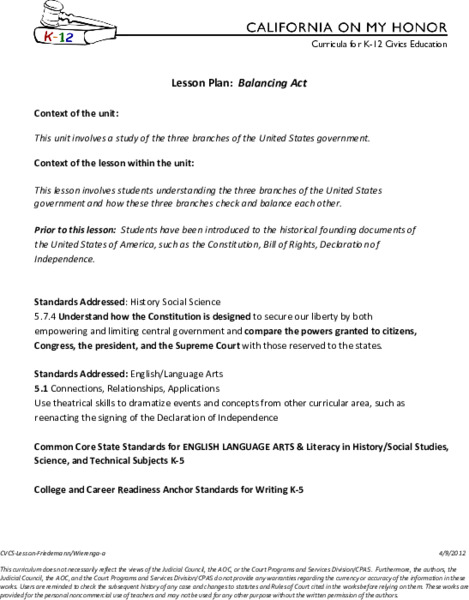 Balancing Act: The Three Branches Lesson Plan