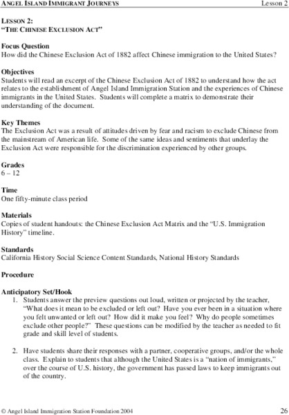 The Chinese Exclusion Act Lesson Plan