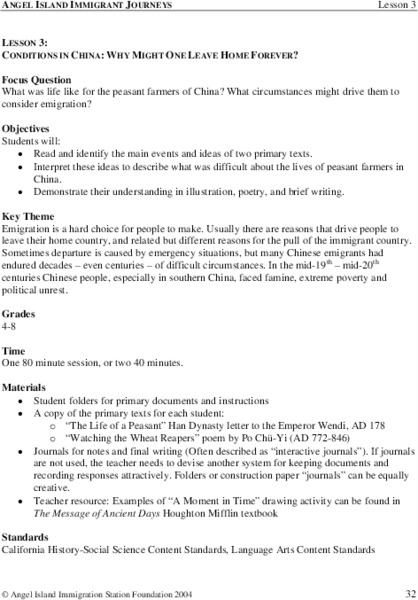 Conditions in China: Why Might One Leave Home Forever? Lesson Plan