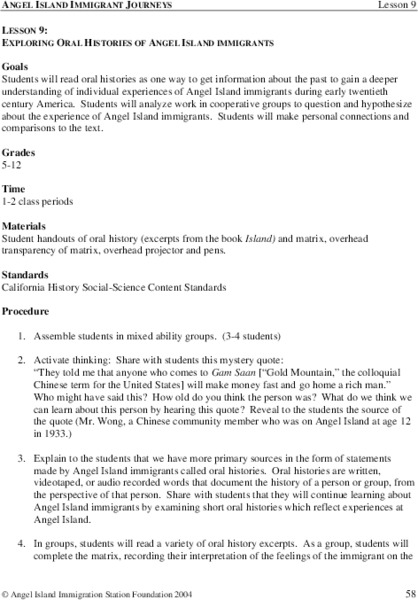 Exploring Oral Histories of Angel Island Immigrants Lesson Plan