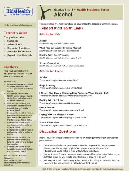 Alcohol: Grades 6-8 Lesson Plan