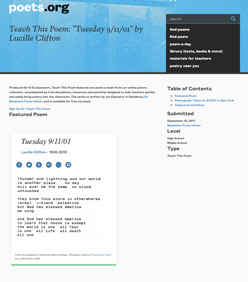 Teach This Poem: "Tuesday 9/11/01" by Lucille Clifton Lesson Plan
