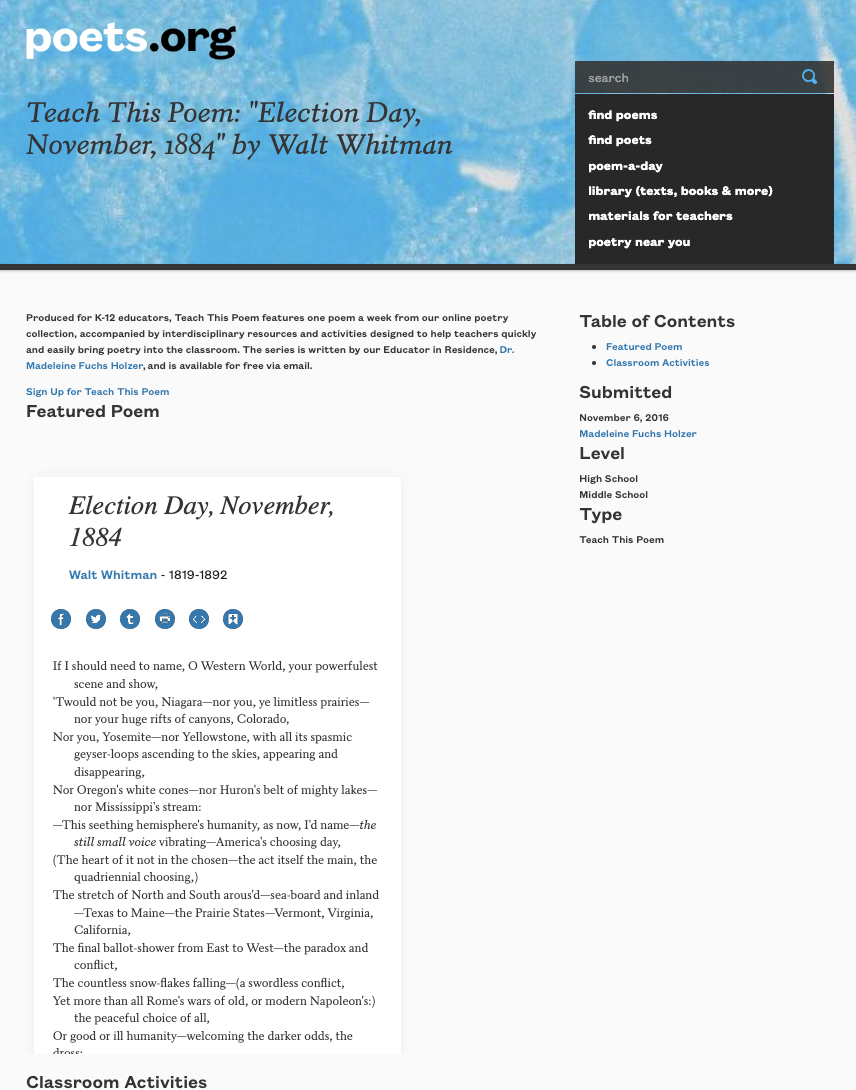 Teach This Poem: "Election Day, November, 1884" by Walt Whitman Lesson Plan
