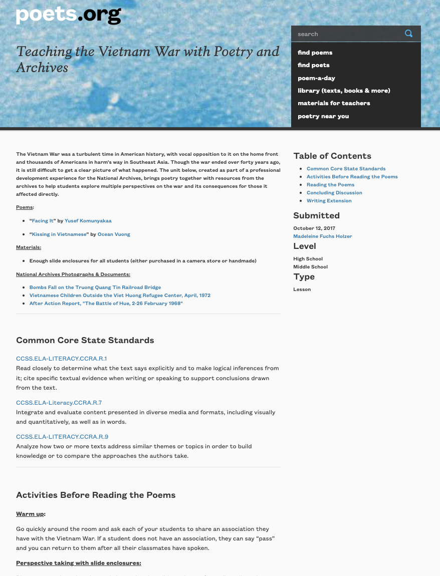 Teaching the Vietnam War with Poetry and Archives Lesson Plan