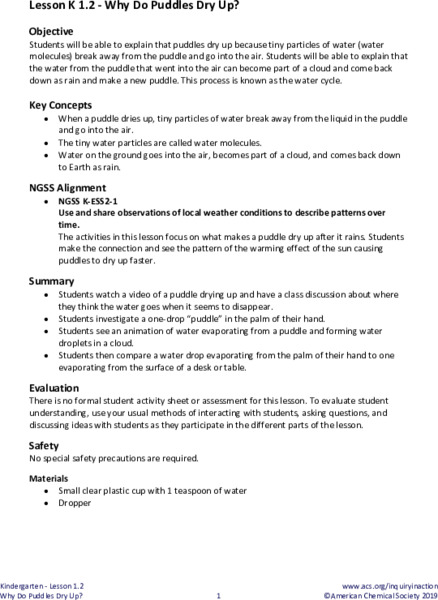 Why Do Puddles Dry Up? Lesson Plan