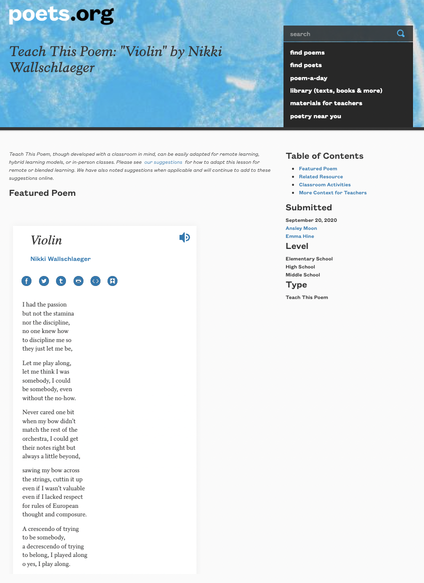 Teach This Poem: "Violin" by Nikki Wallschlaeger Lesson Plan