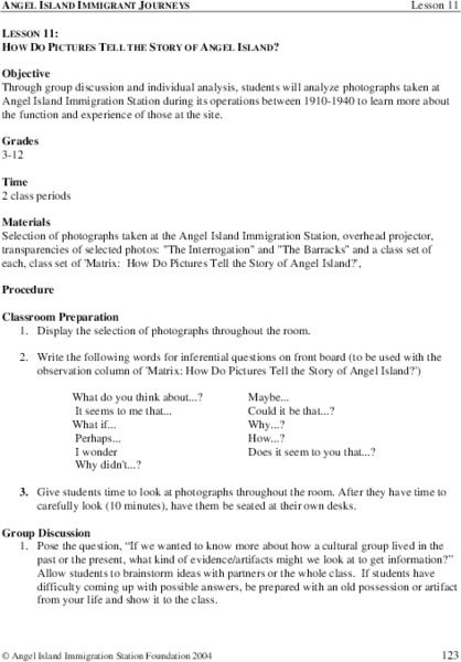 How Do Pictures Tell the Story of Angel Island? Lesson Plan